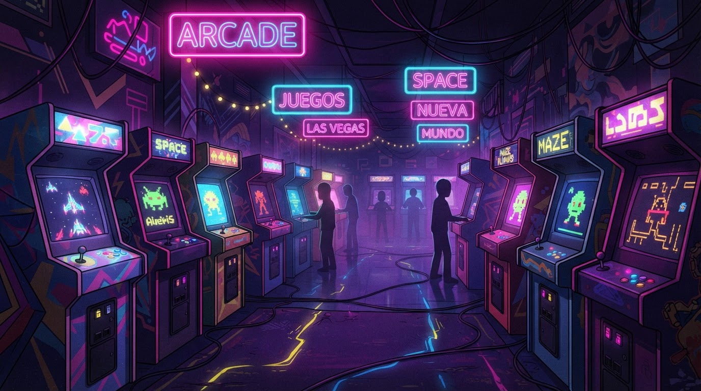 Interior de un salón de arcades neón