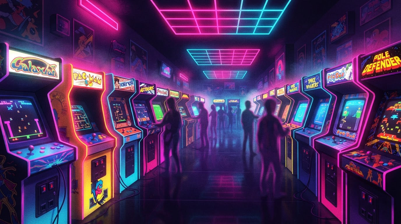Salón de arcades bañado en neón